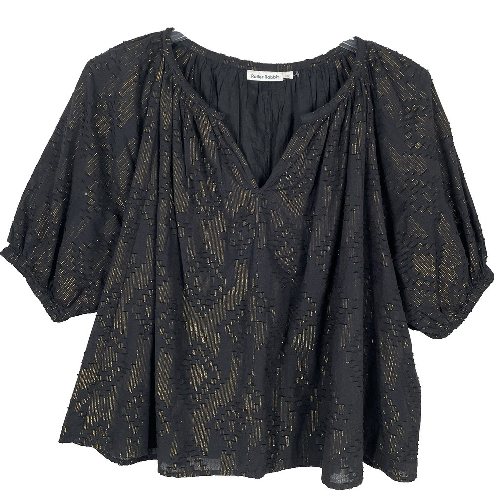 Roller Rabbit Alianne Top Size XL Black Copper Metallic Aztec Pattern Boho Lux